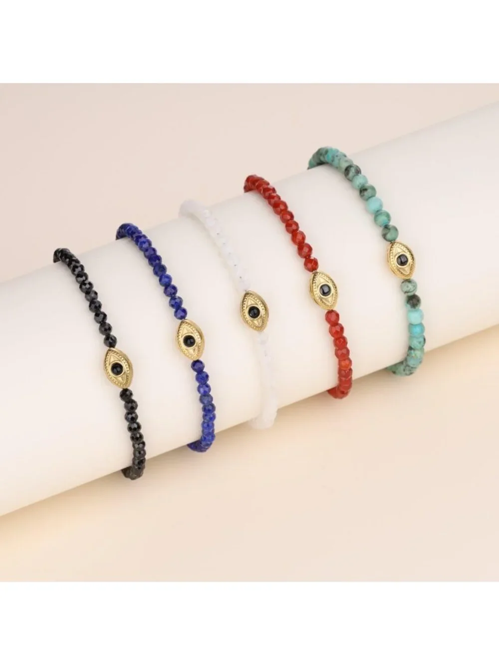 Evil Eye Beaded Bracelet for Women, 4MM Black Tourmaline Lapis Lazuli Gemstone